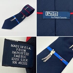 Polo Ralph Lauren Silk Necktie Mens Navy‎ Blue Golf Sport Print Made In USA